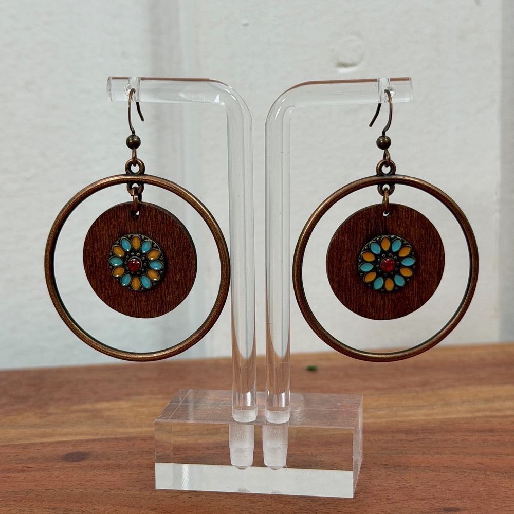 Boho Hoop Earrings Wood Flower Inlay Turquoise Orange Red Accent Bronze Dangle - Picture 2 of 4